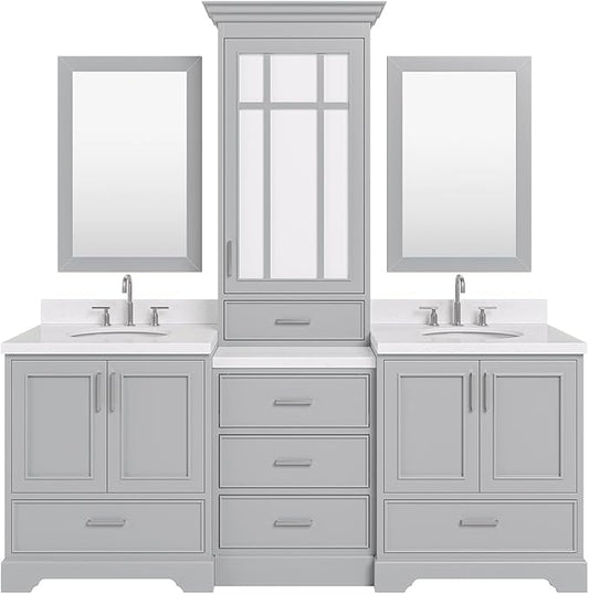 ARIEL Stafford 84-inch Bathroom Vanity with Sink,Solid Wood, 1.5-inch Carrara White Quartz Countertop & Backsplash, Double Oval Porcelain Sink, 5 Soft Closing Doors, 6 Dovetail Drawers, Grey