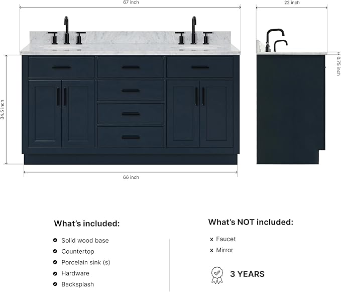ARIEL Hepburn 66-inch Bathroom Vanity with Sink,Solid Wood, 0.75-inch Italian Carrara Marble Countertop, Double Oval Porcelain Sink, 4 Soft Closing Doors, 6 Dovetail Drawers, Midnight Blue