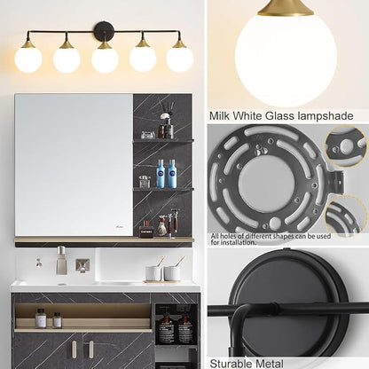 Black Gold Bathroom Light Fixtures Over Mirror Vanity 5-Light | Mid Century Modern Matte Black Gold Wall Sconce with Milky White Glass Ball Shades for for Bathroom Dressing Table Bedroom