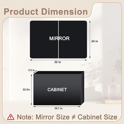 32x24 in Double Door Medicine Cabinet with Mirror, Matte Black | Fully Assembled; Recessed or Surface Wall Mount; Metal Cabinet with Tempered Glass Mirror and Two Adjustable Glass Shelves