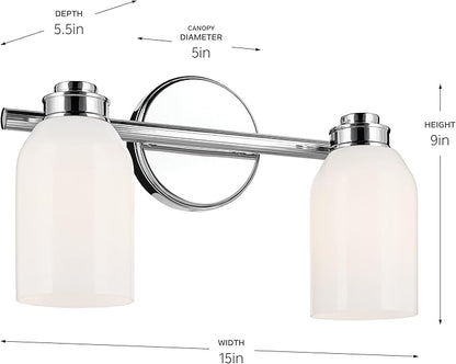 Kichler Shae 15" 2-Light Vanity Light with White Opal Glass in Chrome, for Bathroom Vanity, Powder Room, Over a Mirror, (15" W x 9" H), 55201CH