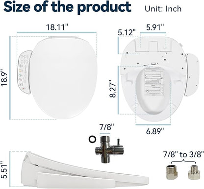Smart Heated Toilet Seat for Short V-Shaped Toilets – Bidet Warm Water Wash, Self-Cleaning Nozzle, Warm Air Dryer, Deodorizer, Soft-Close Lid, LED Night Light & Touch Panel, Easy Install