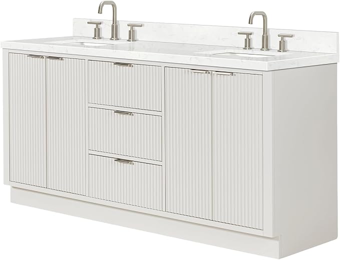 ARIEL Milan 72-inch Bathroom Vanity with Sink,Solid Wood, 1.5-inch Carrara White Quartz Countertop, Double Rectangular Porcelain Sink, 4 Soft Closing Doors, 3 Dovetail Drawers, Warm White
