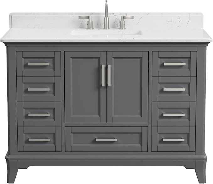 48 Inch Fully Assembled Bathroom Vanity with Sink, Grey | Solid Wood, Quartz Top & Backsplash, Soft-Close Doors, Dovetail Drawers, Large Storage, Modern Farmhouse Bath Upgrade