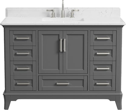 48 Inch Fully Assembled Bathroom Vanity with Sink, Grey | Solid Wood, Quartz Top & Backsplash, Soft-Close Doors, Dovetail Drawers, Large Storage, Modern Farmhouse Bath Upgrade