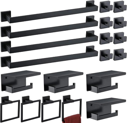 Bathroom Hardware Set 20 Piece Brushed Nickel Bathroom Accessories Set SUS304 Towel Bar Set Includes 4 Towel Bar 24 Inch+4 Towel Holder+4 Toilet Paper Holder+8 Towel Hooks (20, Matte Black)