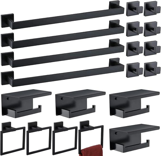 Bathroom Hardware Set 20 Piece Brushed Nickel Bathroom Accessories Set SUS304 Towel Bar Set Includes 4 Towel Bar 24 Inch+4 Towel Holder+4 Toilet Paper Holder+8 Towel Hooks (20, Matte Black)