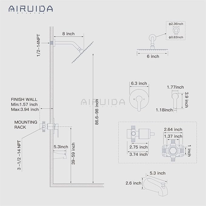 Airuida Shower Faucet Set with Tub Spout,6" Bathtub Faucet-Brushed Gold | Male Threads Rough-In Valve,Round Head Shower System,Tub and Shower Kit Set
