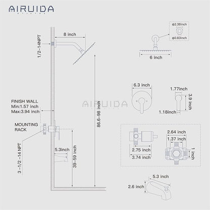 Airuida Shower Faucet Set with Tub Spout,6" Bathtub Faucet-Brushed Gold | Male Threads Rough-In Valve,Round Head Shower System,Tub and Shower Kit Set