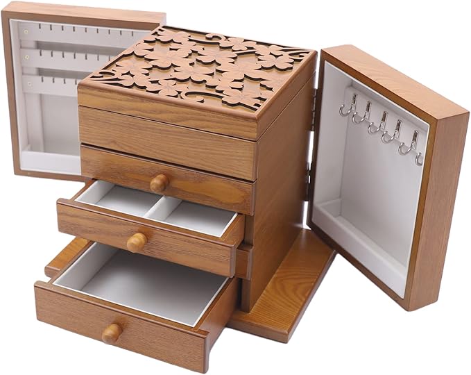 Extra Large Four-Leaf Carved 5 Layers Wooden Jewelry Box Jewelry Case Cabinet Armoire Ring Necklacel Gift Storage Box Organizer(5 Layers,Brown,Style 1)