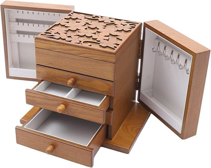 Extra Large Four-Leaf Carved 5 Layers Wooden Jewelry Box Jewelry Case Cabinet Armoire Ring Necklacel Gift Storage Box Organizer(5 Layers,Brown,Style 1)