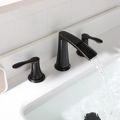 PARLOS Waterfall Widespread Bathroom Faucet Double Handles with Metal Pop Up Drain & cUPC Faucet Supply Lines, Oil Rubbed Bronze, Demeter 1431803