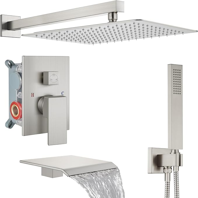 Midanya Shower System with Tub Spout,16 Inch Shower Head,Brushed Nickel | with Valve & Trim Kit,Square Rain Head,Handheld Sprayer,Waterfall Spout,All Metal Wall Mount Bathroom Shower Tub Faucet Set