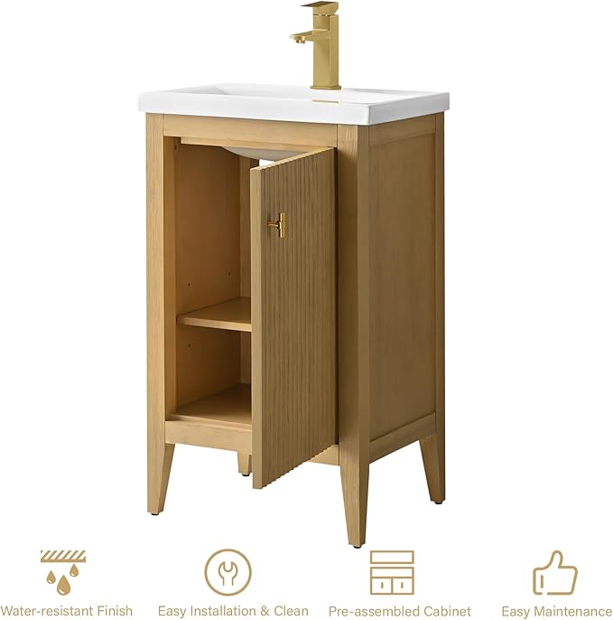 HOMEBEYOND 20" Bathroom Vanity with Ceramic Sink, Solid Wood Free-Standing Vanities Cabinet, Ceramic Top, Golden Brushed Hardware & Soft Closing Door, Natural Oak
