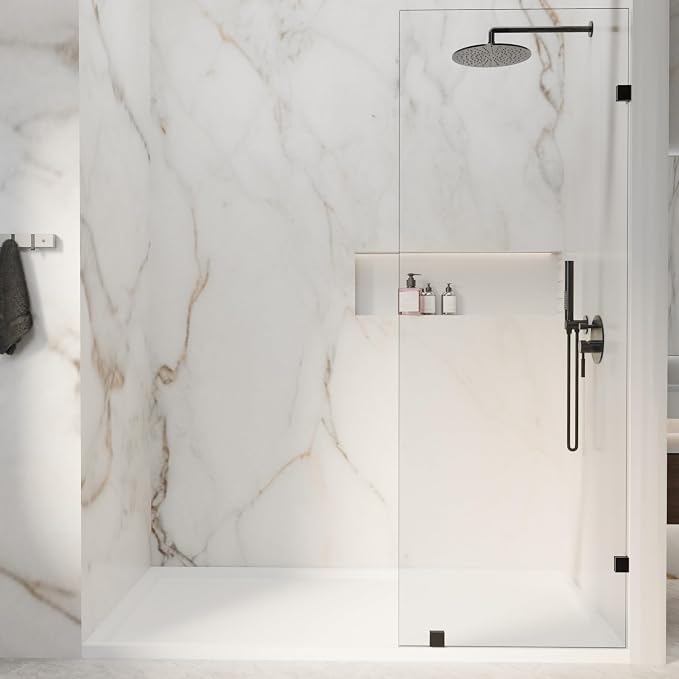 30" x 72" Frameless Fixed Single Shower Panel | Walk-In Shower Glass Door, 3/8" Clear Tempered Glass with Explosion-Proof Film, Matte Black Bathroom Shower Screen