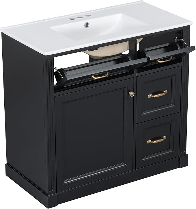 36" Bathroom Vanity with Ceramic Sink,Modern Freestanding Storage Cabinet w/Soft-Close Door and 2 Tip-Out & 2 Drawers,Undermount Single Basin Bath Vanity Set w/Adjustable Shelf,Black