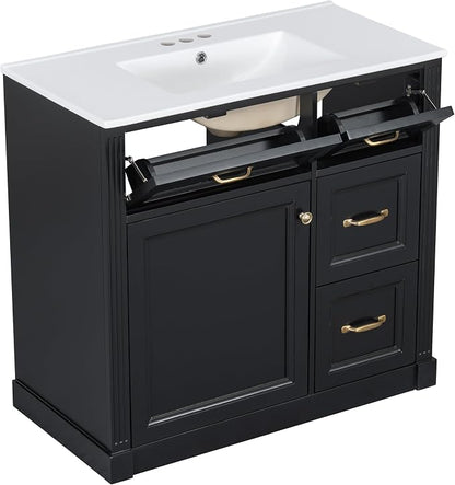 36" Bathroom Vanity with Ceramic Sink,Modern Freestanding Storage Cabinet w/Soft-Close Door and 2 Tip-Out & 2 Drawers,Undermount Single Basin Bath Vanity Set w/Adjustable Shelf,Black