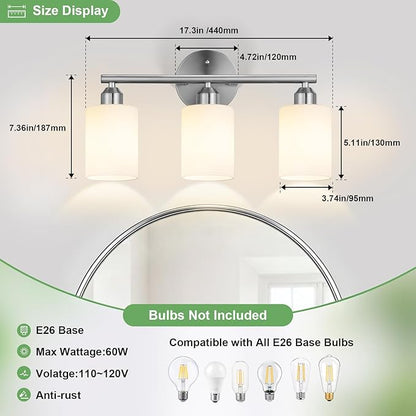 3-Light Bathroom Vanity Light Fixtures, Modern Wall Lamp for Mirror with Clear Opal Glass Shade, Silver Finish