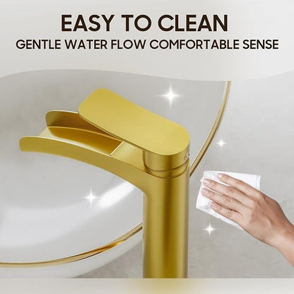 Phiestina Brushed Gold Tall Bathroom Vessel Sink Faucet, Single Hole Single Handle Waterfall Modern Bathroom Faucet, with Pop Up Drain and Water Supply Line, NS-SF01-BG-V