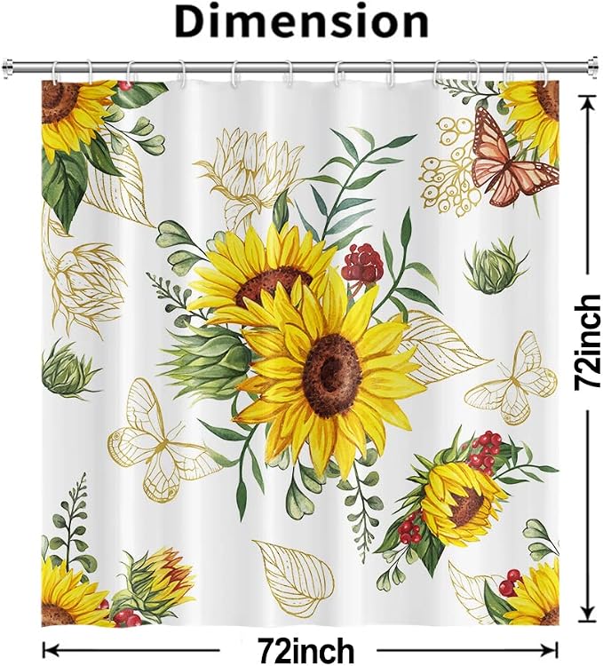 AWERT Vibrant Sunflower Shower Curtain for Bathroom,Waterproof Fabric Plants Shower Curtain with Hooks 72x72 inch