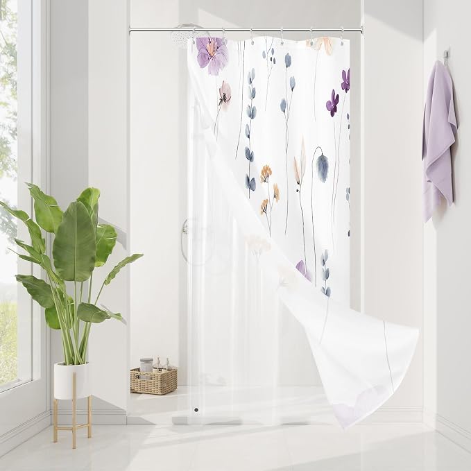 Small Stall 3 in 1 Shower Curtain Set, Purple Watercolor Floral Bath Curtain and PEVA Liner Set with 12 Double Sided Steel Hooks, Waterproof Fabric Bathroom Curtain 36x72