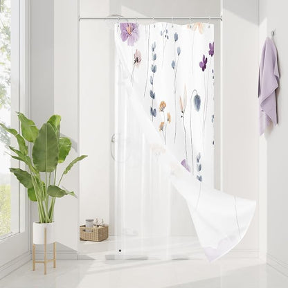 Small Stall 3 in 1 Shower Curtain Set, Purple Watercolor Floral Bath Curtain and PEVA Liner Set with 12 Double Sided Steel Hooks, Waterproof Fabric Bathroom Curtain 36x72