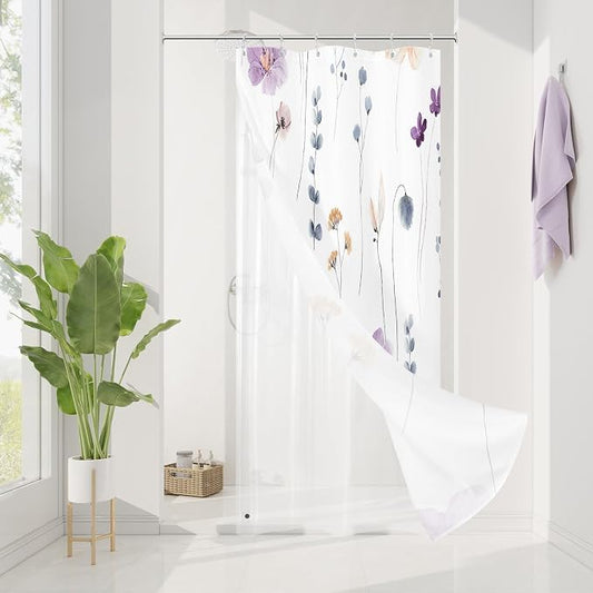 Small Stall 3 in 1 Shower Curtain Set, Purple Watercolor Floral Bath Curtain and PEVA Liner Set with 12 Double Sided Steel Hooks, Waterproof Fabric Bathroom Curtain 36x72