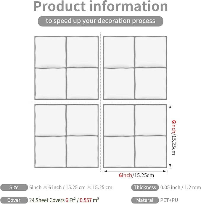 Pure White 4 Sheets 6x6 Inch Peel and Stick Subway Tile Backsplash, Self Adhesive Wall Tiles for Kitchen Bathroom, Thick Waterproof Heat Resistant, Easy Install No Grout, Renter Friendly