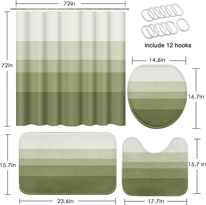 Bathroom Sets with Shower Curtain and Rugs, 4 Pcs, Ombre Striped | Minimalist Green Modern Bathroom Decor Set with Toilet Lid Cover, Non-Slip Bath Mats and Accessories 12 Hooks