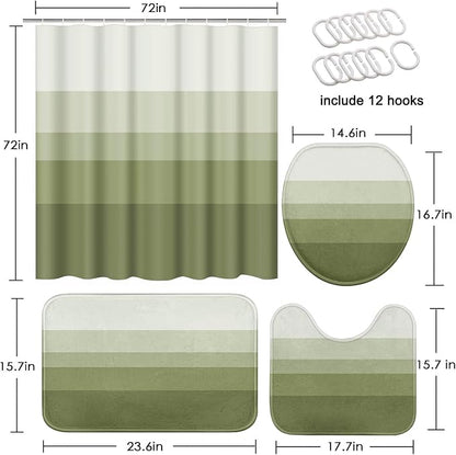 Bathroom Sets with Shower Curtain and Rugs, 4 Pcs, Ombre Striped | Minimalist Green Modern Bathroom Decor Set with Toilet Lid Cover, Non-Slip Bath Mats and Accessories 12 Hooks