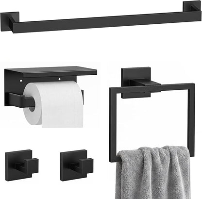 5-Piece Bathroom Hardware Set, 23.6 Inch Towel Bar Set SUS304 Stainless Steel Towel Racks for Bathroom Round Towel Bar, Towel Ring, Toilet Paper Holder, 2 Robe Hooks, Wall Mounted (Black)