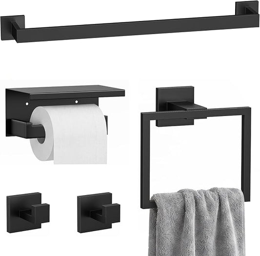 5-Piece Bathroom Hardware Set, 23.6 Inch Towel Bar Set SUS304 Stainless Steel Towel Racks for Bathroom Round Towel Bar, Towel Ring, Toilet Paper Holder, 2 Robe Hooks, Wall Mounted (Black)