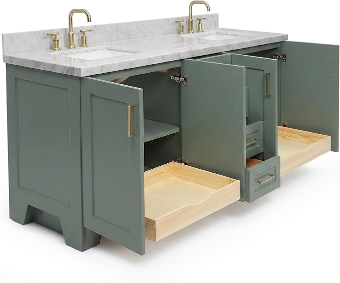 ARIEL Taylor 72-inch Bathroom Vanity with Sink,Solid Wood, 1.5-inch Italian Carrara Marble Countertop, Double Rectangular Porcelain Sink, Soft Closing Doors, Dovetail Drawers, Vintage Green