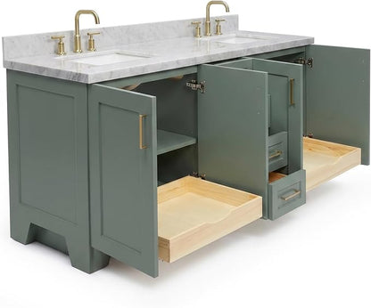 ARIEL Taylor 72-inch Bathroom Vanity with Sink,Solid Wood, 1.5-inch Italian Carrara Marble Countertop, Double Rectangular Porcelain Sink, Soft Closing Doors, Dovetail Drawers, Vintage Green
