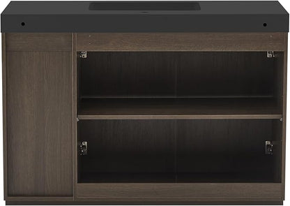 48" Bathroom Vanity with Sink, Freestanding Single Sink Bathroom Vanity with Black Engineered Stone Top & Open Side Storage, Soft-Closing Doors with Adjustable Shelf, Smoked Oak Brown
