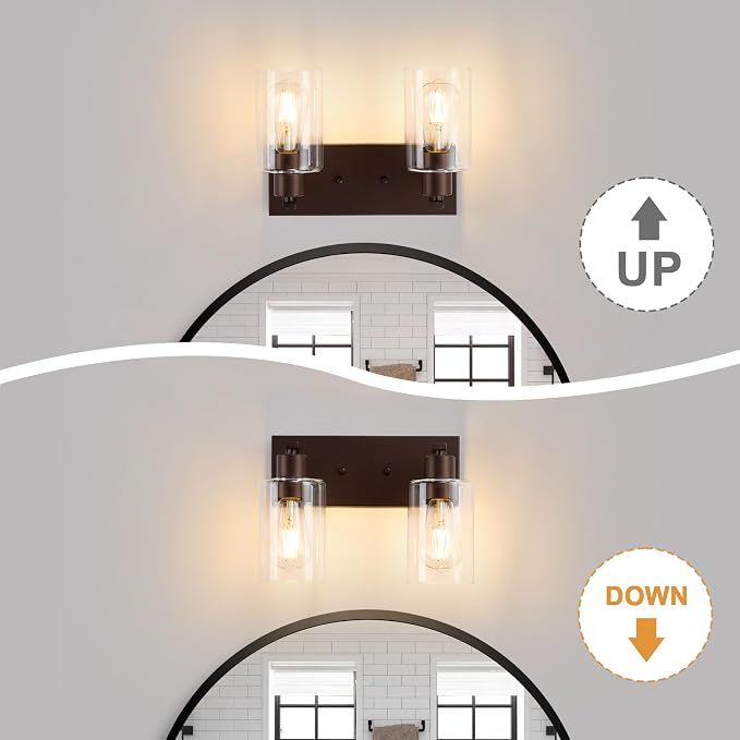2 Lights Bathroom Light Fixtures Oil Rubbed Bronze Vanity Light with Clear Glass Shade 13in Modern Bathroom Lighting Fixtures Over Mirror for Bedroom/Living Room