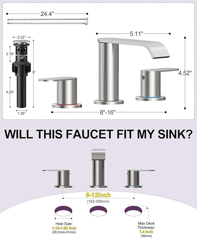 Homevacious Brushed Nickel Waterfall Bathroom Faucet for Sink 3 Hole Widespread Bathroom Sink Faucets with Pop-up Drain and Supply Lines Stainless Steel 2-Handle Bathroom Sink Faucet for Bath Vanity