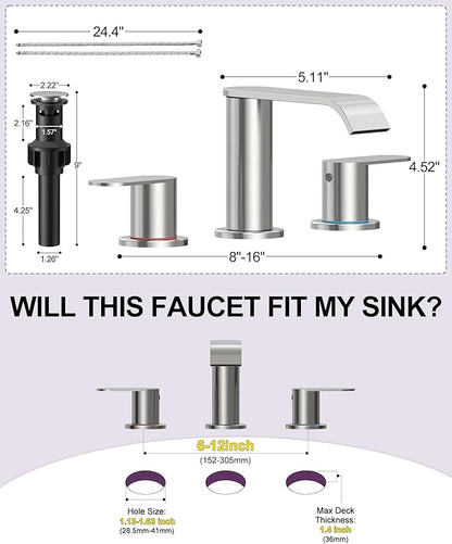 Homevacious Brushed Nickel Waterfall Bathroom Faucet for Sink 3 Hole Widespread Bathroom Sink Faucets with Pop-up Drain and Supply Lines Stainless Steel 2-Handle Bathroom Sink Faucet for Bath Vanity