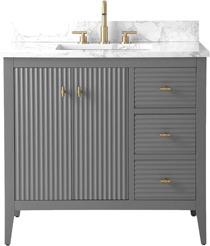 HOMEBEYOND 36" Bathroom Vanity with Sink, Solid Wood Bathroom Vanity Free-Standing Cabinet, Drawers, Ceramic Top & Soft Closing Door, Golden Brushed Handware, Cashmere Gray