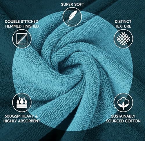 Luxury Bath Towels Set of 4, 27x54 Inches 600GSM 100% Cotton Ring Spun – Daily Use Highly Absorbent Viscose Stripe Bath Towel Sets for Bathroom, Hotel, Spa (Turquoise)