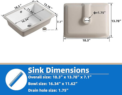 18 Inch White Rectangle Vessel Sink for Bathrooms 18.3" x 13.78" Small Undermount Bathroom Sink Ceramic Porcelain Under Counter Basin Sink with Overflow 465mm x 350mm Lavamanos Para Baños KINGWONG