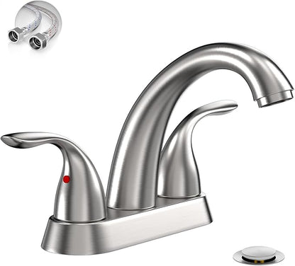 Phiestina Centerset 4 Inch Brushed Nickel 2 or 3 Holes Stainless Steel Bathroom Sink Faucet, 2 Handle Bathroom Faucet with Copper Pop Up Drain and Water Supply Lines, BF008-5-BN
