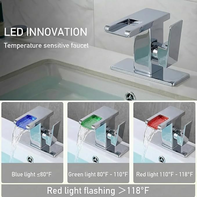LED Bathroom Sink Faucet, Chrome Waterfall Single Hole Handle Vanity Faucets for Sinks 1 Hole with Metal Pop Up Drain and 2 Water Supply Lines, Side Handle