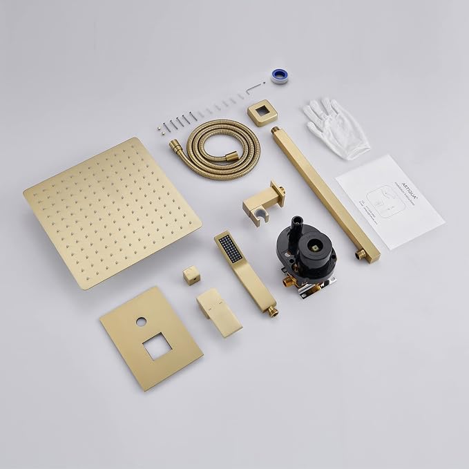 Rain Shower System 12 Inches Shower Combo Set Brushed Gold Wall Mount Faucet Bathroom Faucets with Rainfall Shower Head and Hand Shower