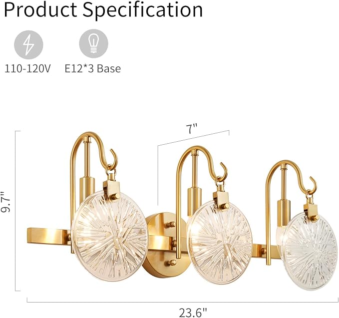WUZUPS 3-Light Bathroom Light Fixture Over Mirror Morden Vanity Wall Sconces Clear Glass Shade for Bedroom Living Room, E12 Base, Brass Gold