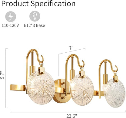 WUZUPS 3-Light Bathroom Light Fixture Over Mirror Morden Vanity Wall Sconces Clear Glass Shade for Bedroom Living Room, E12 Base, Brass Gold