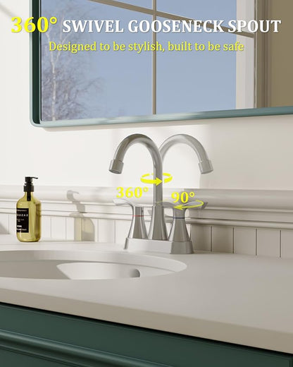 2 Pack Brushed Nickel Bathroom Faucet 3 Hole, Evolvegoods 4 Inch Stainless Steel Bathroom Sink Faucet, 2 Handle Centerset Faucet for Bathroom Sink Vanity, with Pop Up Drain and 2 Supply Hoses