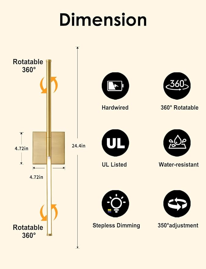 24.4 Inch Hardwired Wall Sconces Set of Two, 3000K Warm White Dimmable Modern Wall Sconces, 350° Rotate LED Light Fixtures Wall Lamp for Bathroom Living Room Bedroom Bedside, Gold