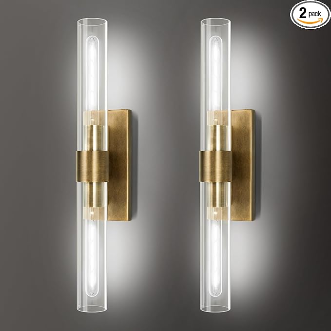 Brass Wall Sconces Set of Two, 22.8" Sconces Wall Lighting 2-Light, Gold Bathroom Wall Sconces, Glass Vanity Lights, Indoor Wall Sconce for Bathroom, Bedroom, Living Room, Hallway