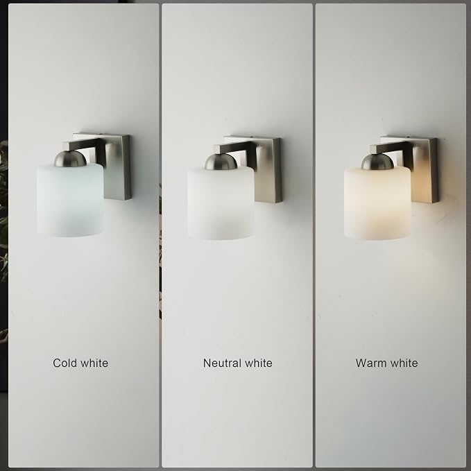 mirrea 1-Light Brushed Nickel Bathroom Vanity Light with White Glass Shade | Over Mirror,Wall Sconce,ETL listed,Bathroom Lighting Fixtures,Elegant Design,Milk White Glass Shade,Easy Installation
